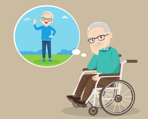 elderly man in wheelchair thinking to good healthy