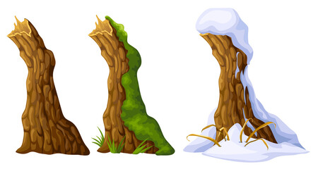 Broken tree in moss, under snow. Cartoon stump in lichen in swamp jungle. Mouldering oak and snowdrifts. Isolated vector elements game style on white background.