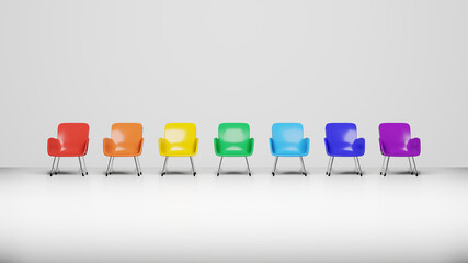 白い部屋　虹色に並んだ椅子　3DCG　背景　ポスター　正面