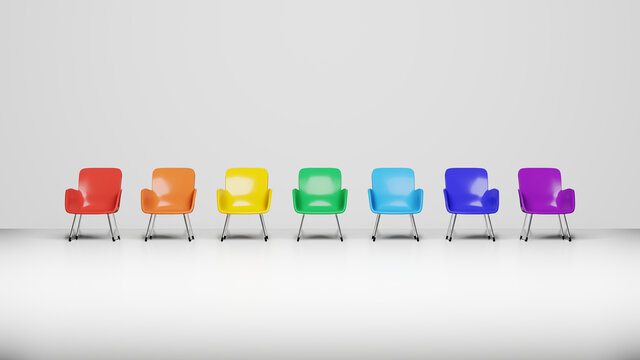白い部屋　虹色に並んだ椅子　3DCG　背景　ポスター　正面