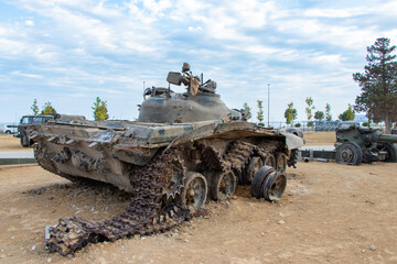 Tank T-72 in The Military Trophy Park in Baku. Destroyed Armenian military vehicles.
