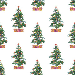 Christmas tree in festive decoration. Gifts for the Christmas tree. Simple New Year seamless pattern on a white background. Vintage style. Design of fabric, wrapping paper.