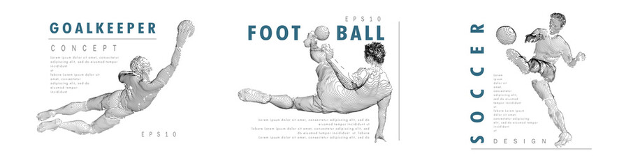 A set of football, soccer players drawing by color lines with text