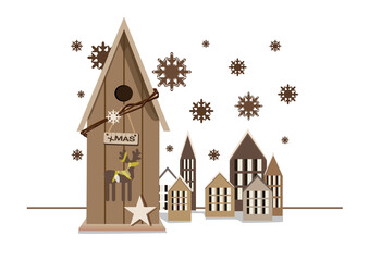 Cute rustic Christmas houses with deer, star and snowflakes. Vector illustration for postcards and New Year's decor.