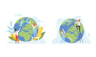 People Character Cleaning Earth Planet with Brush and Wipe Taking Care of Ecology and Environment Vector Illustration Set