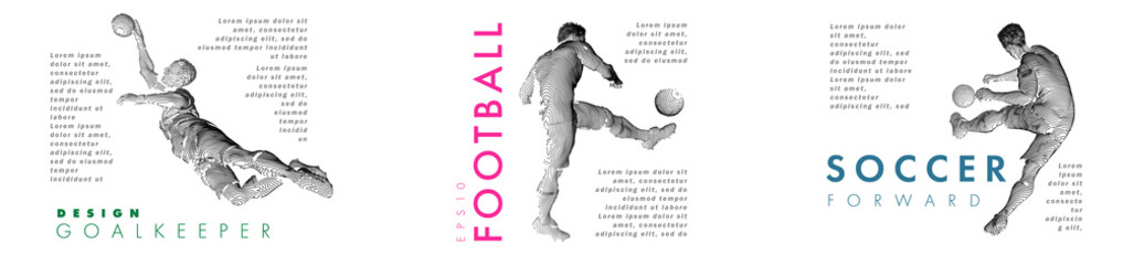 A set of football, soccer players drawing by color lines with text