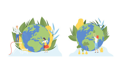 People Character Cleaning Earth Planet Watering and Planting Taking Care of Ecology and Environment Vector Illustration Set