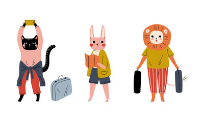 Animal Tourist or Traveler with Luggage or Baggage Having Trip on Vacation Vector Set