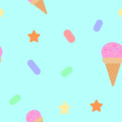 seamless pattern of ice cream and sweets on a light blue background. seamless texture of delicious sweet desserts