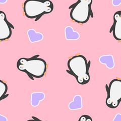 seamless pattern of cute penguin and hearts on a pink background. baby penguin kawaii, seamless texture for fabric, packaging