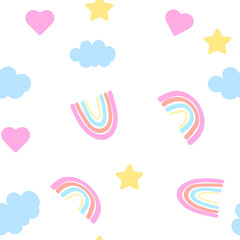 seamless pattern of childish drawing of rainbow, clouds of stars and hearts on a white background. seamless sky texture in pastel colors for kids