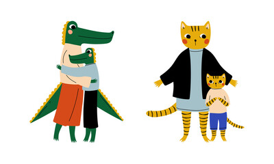 Animal Parent Humanized Character Standing with Their Kid Vector Set