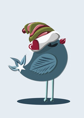 Christmas cute bird in a New Year's hat with a heart and an asterisk on the tail. Vector illustration postcard.
