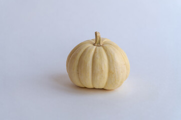 Close-up view of ripe white Baby Boo pumpkin (it belongs to Cucurbita pepo) lying on white background. Healthy eating. Ornamental pumpkin. Organic food theme.