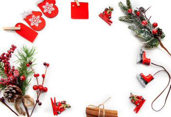 Christmas items are laid out in a circle. Place for text