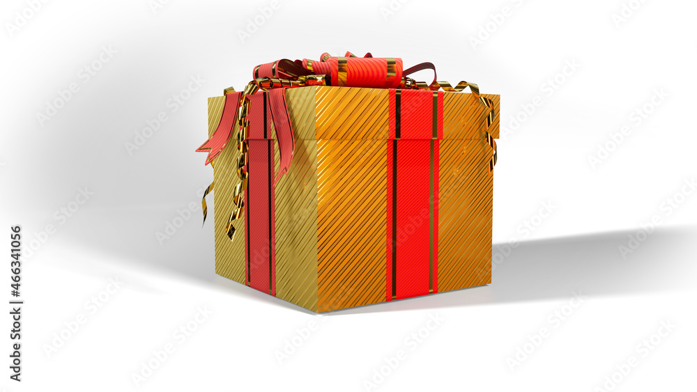 Poster decorated gold and red present box on white backdrop, isolated - object 3d rendering