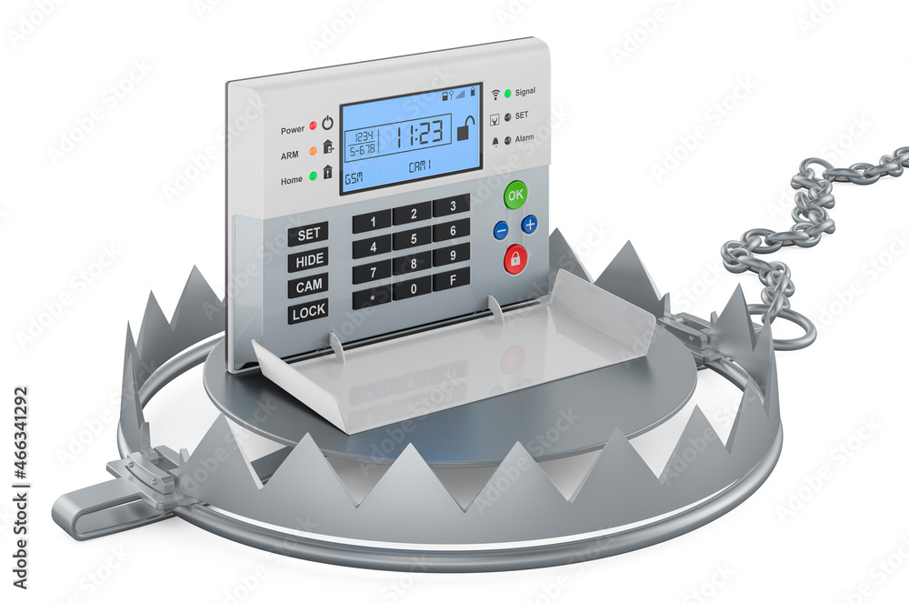 Poster bear trap with security alarm system, 3d rendering