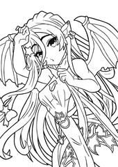 Sexy manga anime girl with big breasts demoness in white dress with bat wings and gold jewelry the picture is made with lines