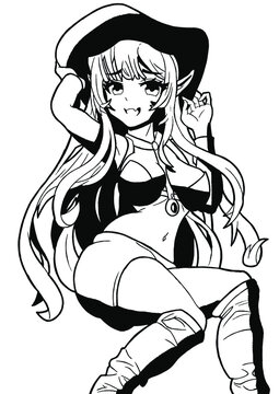 Sexy manga anime girl with big breasts witch in a hat with a naked belly, in high boots painting line style manga vector
