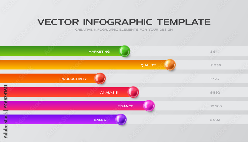Poster colorful infographic presentation with 6 points. horizontal bars chart design template. statistics g