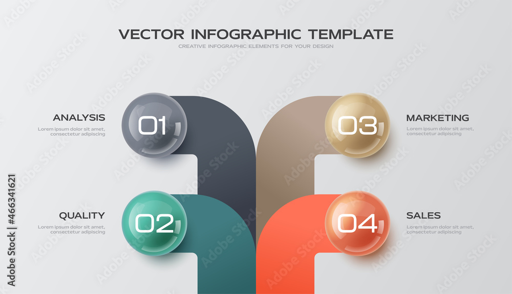 Poster colorful infographic presentation with 4 points. glossy balls as points. statistics graphic visualiz