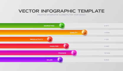 Colorful infographic presentation with 6 points. Horizontal bars chart design template. Statistics graphic visualization.