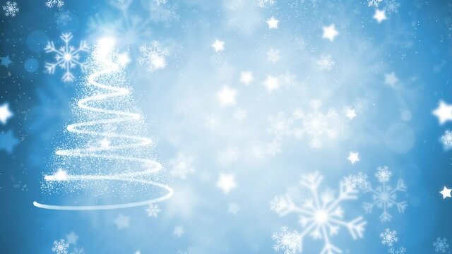 Holiday concept new year and christmas x-mas copy space greeting card with illustrated drawing of christmas tree and glowing stars and snowflakes background animation. - Powered by Adobe