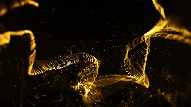 gold particles abstract background with shining golden floor particles stars dust. Futuristic glittering fly movement flickering loop in space on black background.