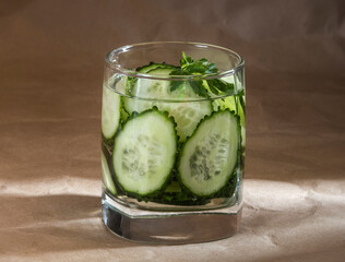 Nutritious detoxification water with cucumber in a glass with parsley