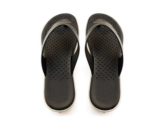 Aerial view of black rubber flip flops isolated on white background. Close up of high quality toe beach slippers. Fashion accessories and shoe store.
