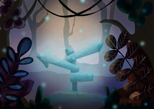 Magical forest with a lot of vegetation. In the center a luminescent sign with various directions. Digital illustration in blue and violet tones.