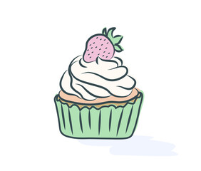 Vector illustration. Colored cupcake with strawberries. Cute drawing in delicate colors for the menu, sweet snack. Dark contours.