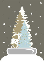 A deer stands on a pedestal of snow against a background of trees and stars. Vector illustration postcard.
