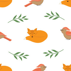 vector graphic seamless pattern with birds, foxes and green plants