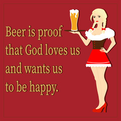 Waitress with beer on red with quote