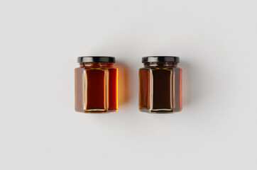 Hexagonal honey jars mockup. Two different colors.
