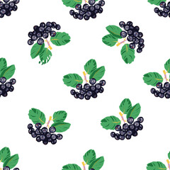 Chokeberry with leaves vector seamless pattern on white
