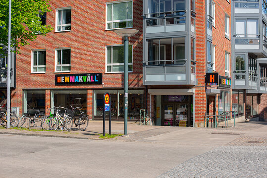 Falkenberg, Sweden - May 29 2021: Facade of Hemmakväll candy store.