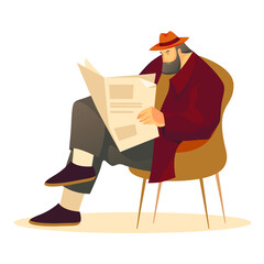 A bearded man in a hat is reading a newspaper. Vector illustration, character design.
