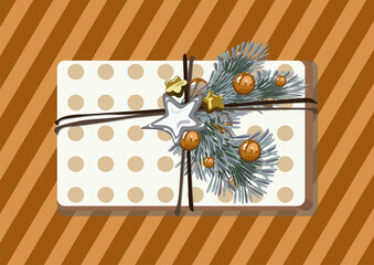 Christmas gift tied with a string with fir branches and Christmas tree decorations balls and stars on a striped background. Vector illustration postcard.
