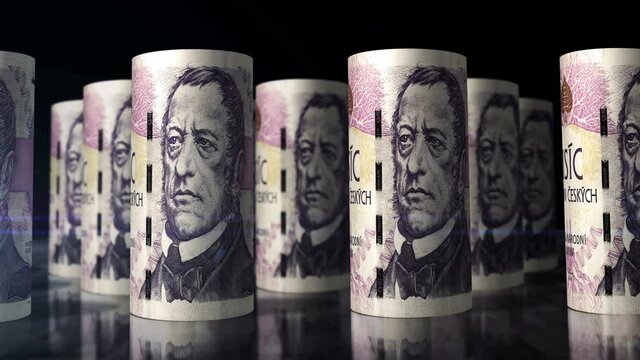 Czech koruna money rolls loop 3d animation. Camera moving in front of the CZK rolling banknotes. Seamless loopable concept of economy, finance, business and debt.