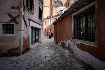 Early morning walks through the streets of the old city of Venice. Venice without water. Squares and streets of the old town. Italy. Veneto.