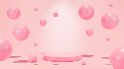 Podium, pedestal with pink background of pink floating pearls.