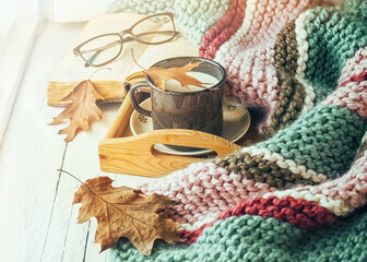 A сup of milk, a book and dry leaves on the wooden windowsill. Autumn concept.	