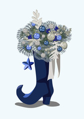 Blue women's boot with Christmas balls, toys and fir branches with a star on a string. Vector illustration postcard.