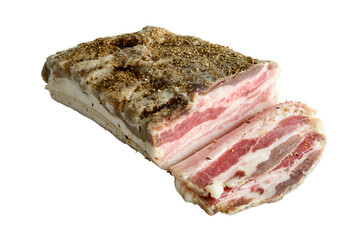 Salted Speck with spices isolated on white background. 