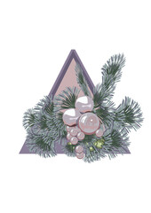 Flower Christmas composition in a triangle of fir branches and Christmas tree decorations. Vector illustration postcard.