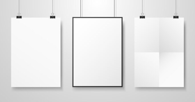 White posters mockup. Three different paper sheets with shadow. Photo blanks collection hanging on wall. A4 realistic templates. Vector illustration