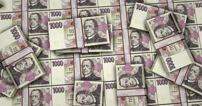 Czech koruna banknotes 3d animation. Camera view from close to long distance. CZK money packs. Concept of inflation, economy, crisis, business, banking, debt and finance.