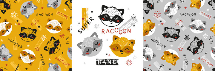 Set of Cute Super Raccoons Seamless Patterns and Poster. Childish Background with Little raccoon Heads. Vector Baby Funny Animals Drawing for Tee Print for Kids. Yellow, Gray, Black and White Colors